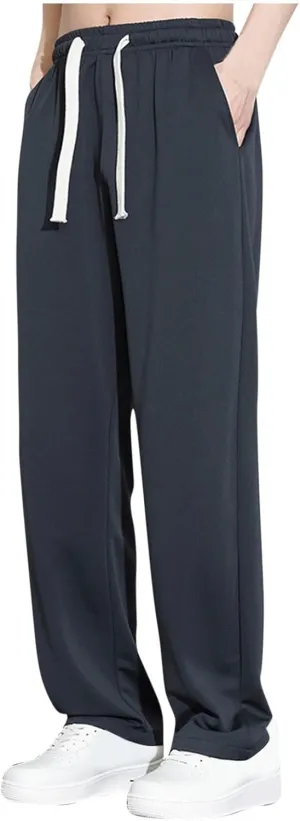 Mens Straight Pants Drawstring Elastic Waist Loose Casual Trousers Wide Leg Relaxed Fit Slacks Trouser with Pockets