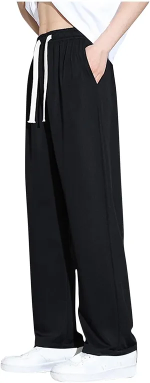 Mens Straight Pants Drawstring Elastic Waist Loose Casual Trousers Wide Leg Relaxed Fit Slacks Trouser with Pockets