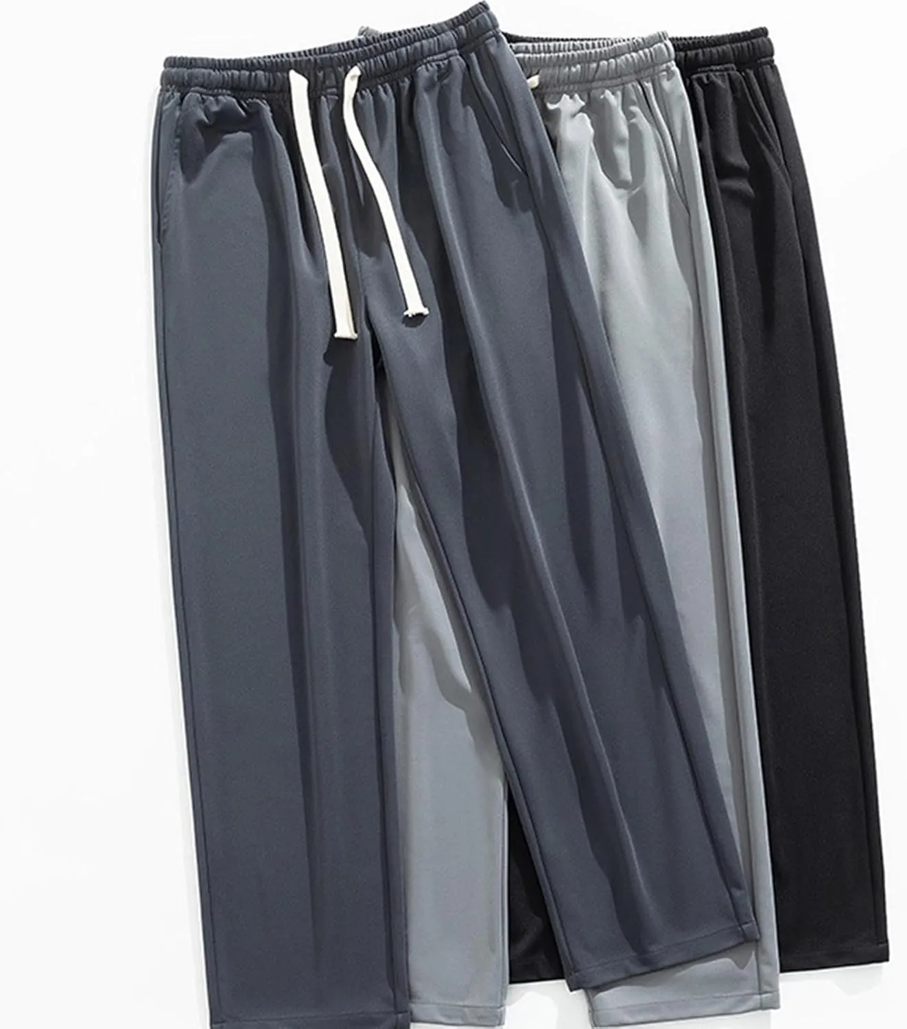 Mens Straight Pants Drawstring Elastic Waist Loose Casual Trousers Wide Leg Relaxed Fit Slacks Trouser with Pockets