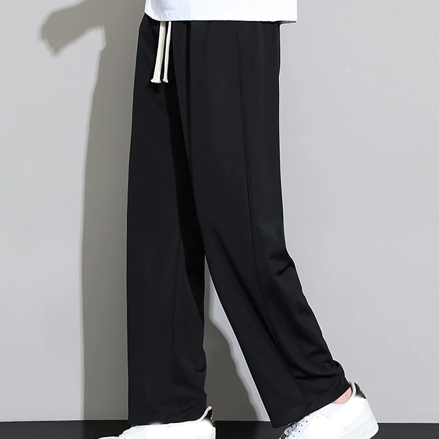 Mens Straight Pants Drawstring Elastic Waist Loose Casual Trousers Wide Leg Relaxed Fit Slacks Trouser with Pockets