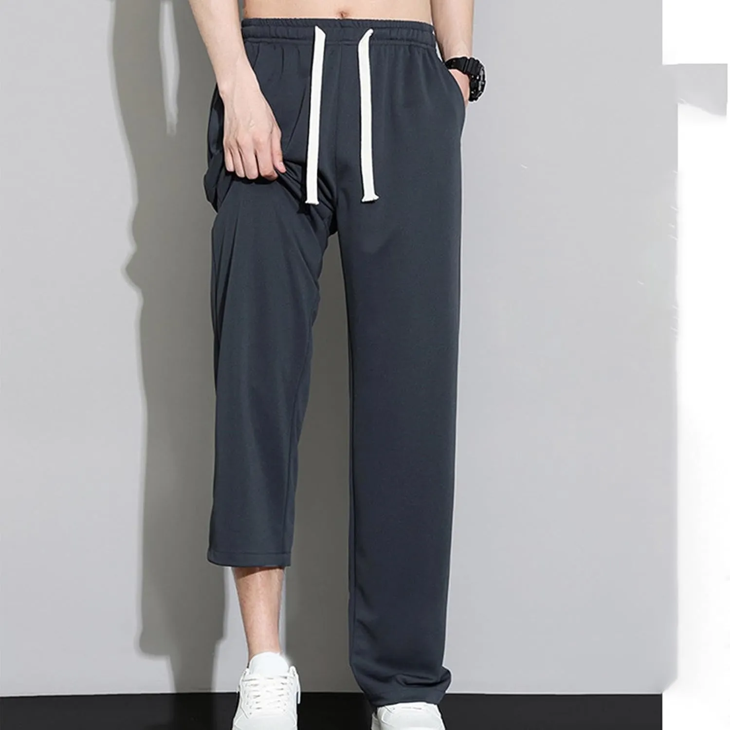 Mens Straight Pants Drawstring Elastic Waist Loose Casual Trousers Wide Leg Relaxed Fit Slacks Trouser with Pockets