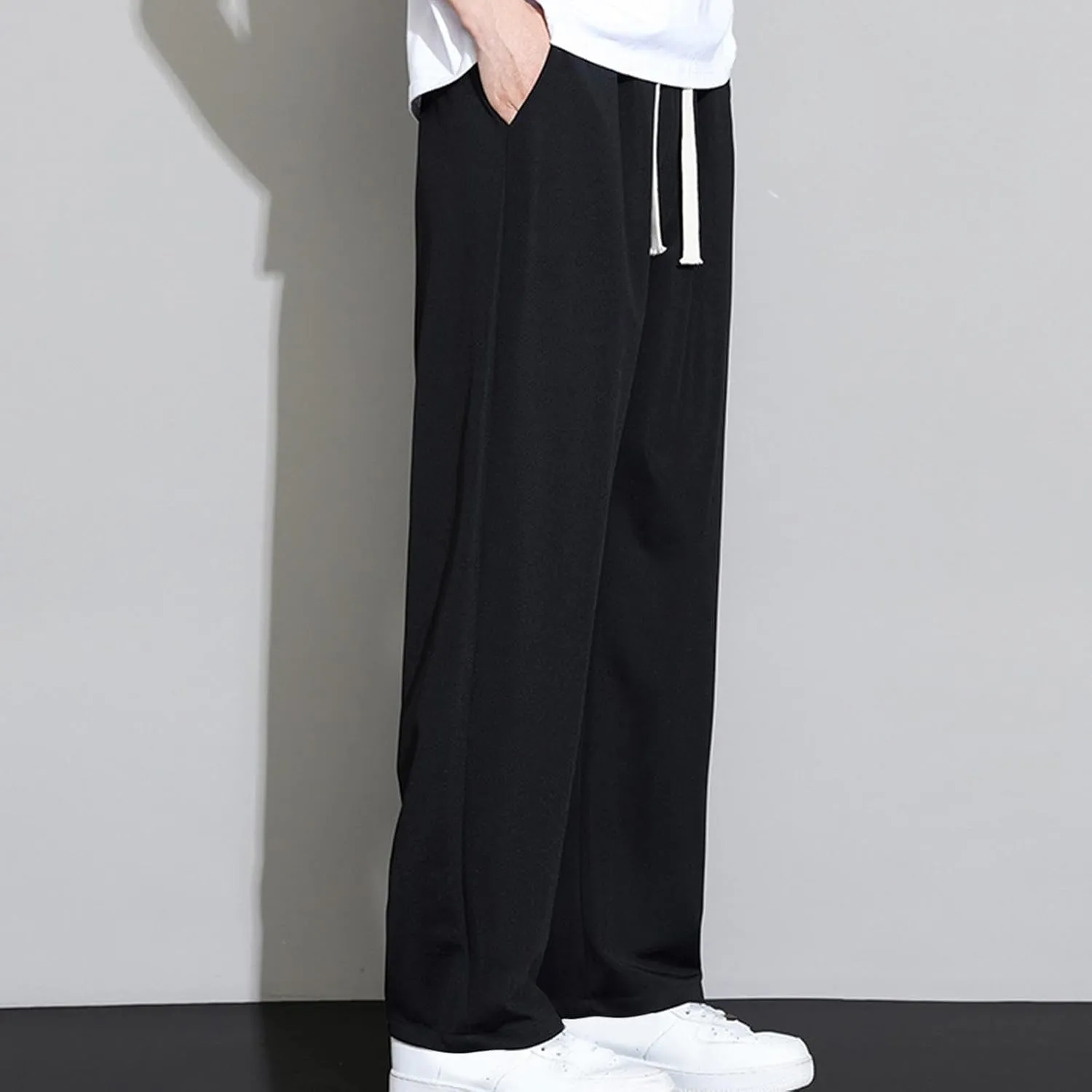 Mens Straight Pants Drawstring Elastic Waist Loose Casual Trousers Wide Leg Relaxed Fit Slacks Trouser with Pockets