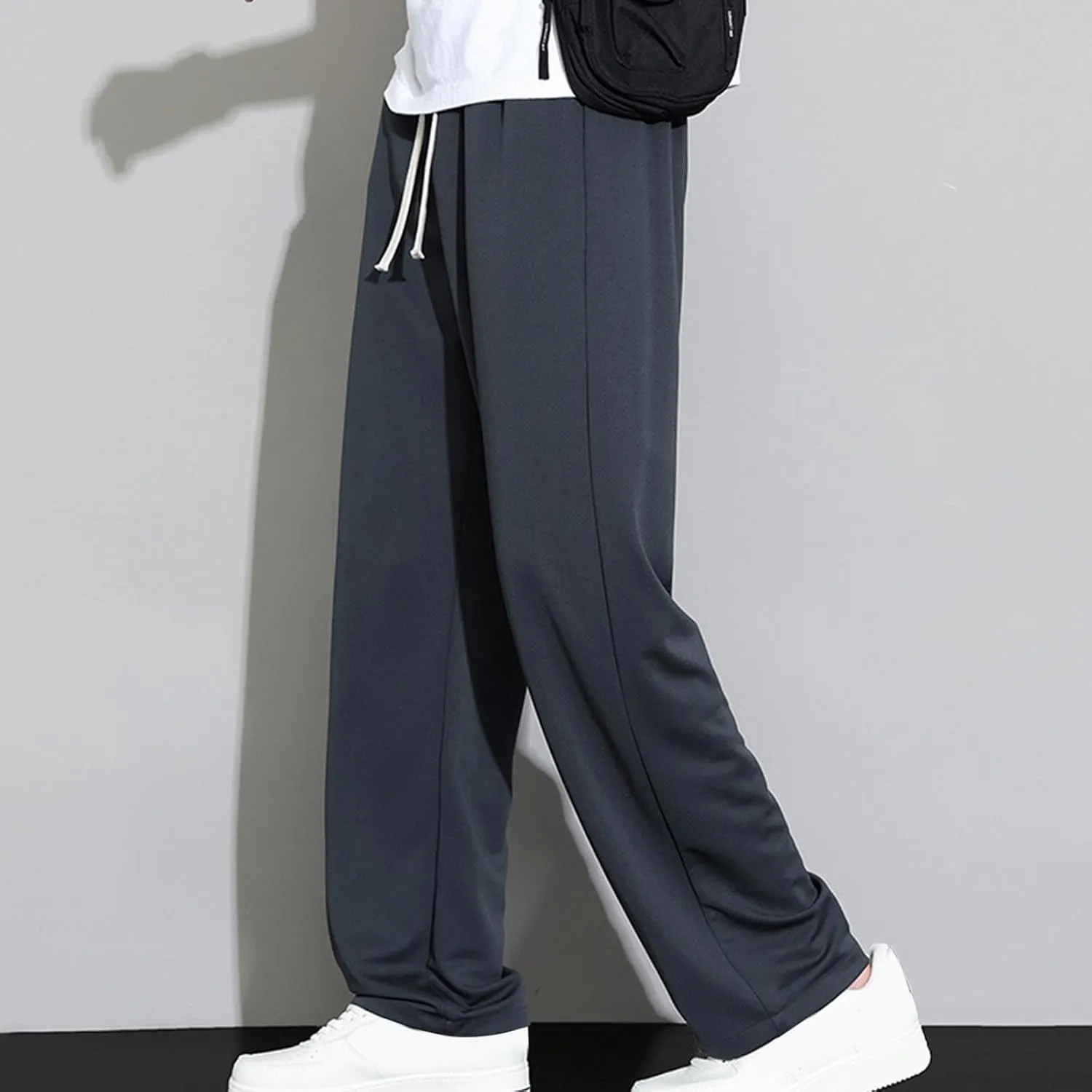 Mens Straight Pants Drawstring Elastic Waist Loose Casual Trousers Wide Leg Relaxed Fit Slacks Trouser with Pockets