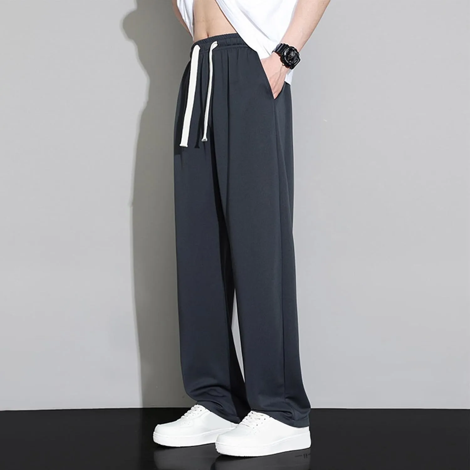 Mens Straight Pants Drawstring Elastic Waist Loose Casual Trousers Wide Leg Relaxed Fit Slacks Trouser with Pockets