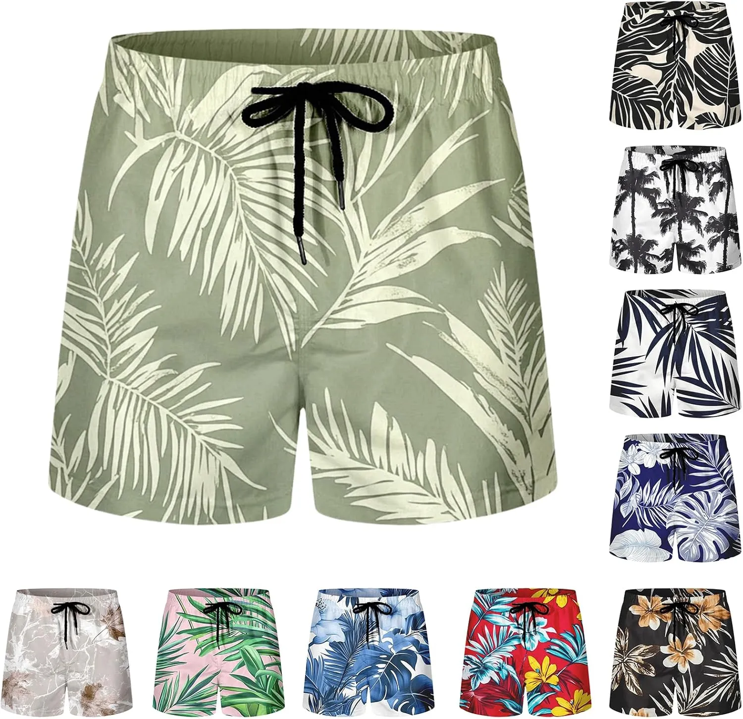 Men's Swim Trunks Hawaii Printed Board Shorts Quick Dry Drawstring Beach Shorts Regular Fit Breathable Swim Trunks