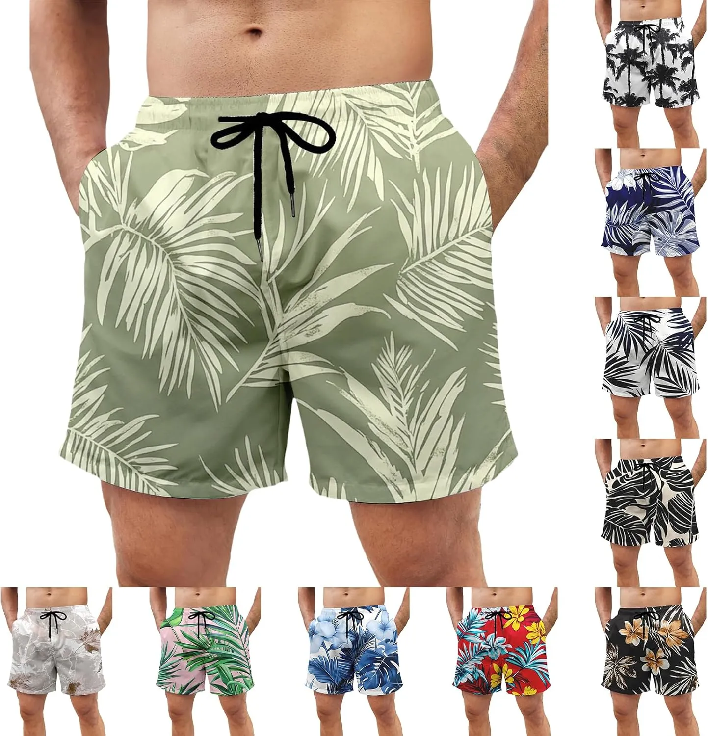 Men's Swim Trunks Hawaii Printed Board Shorts Quick Dry Drawstring Beach Shorts Regular Fit Breathable Swim Trunks