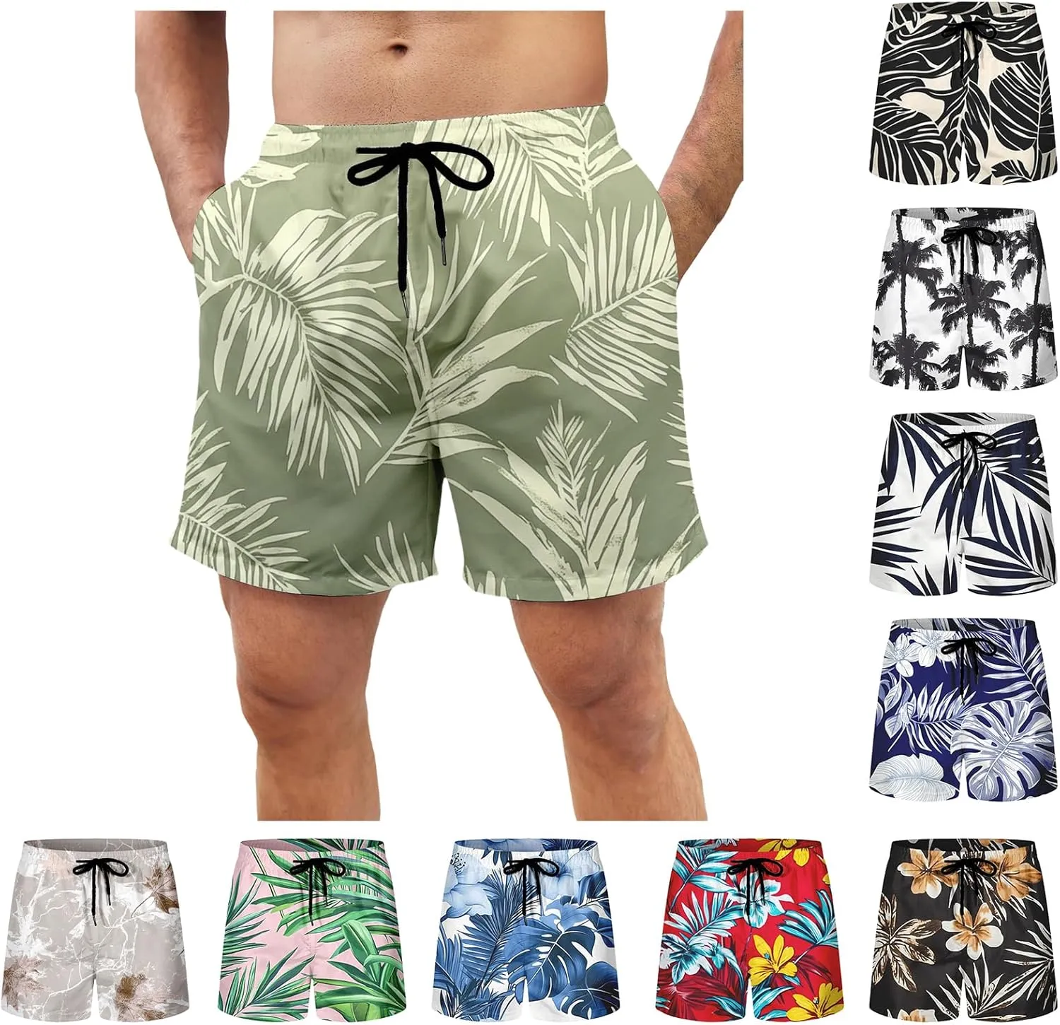 Men's Swim Trunks Hawaii Printed Board Shorts Quick Dry Drawstring Beach Shorts Regular Fit Breathable Swim Trunks