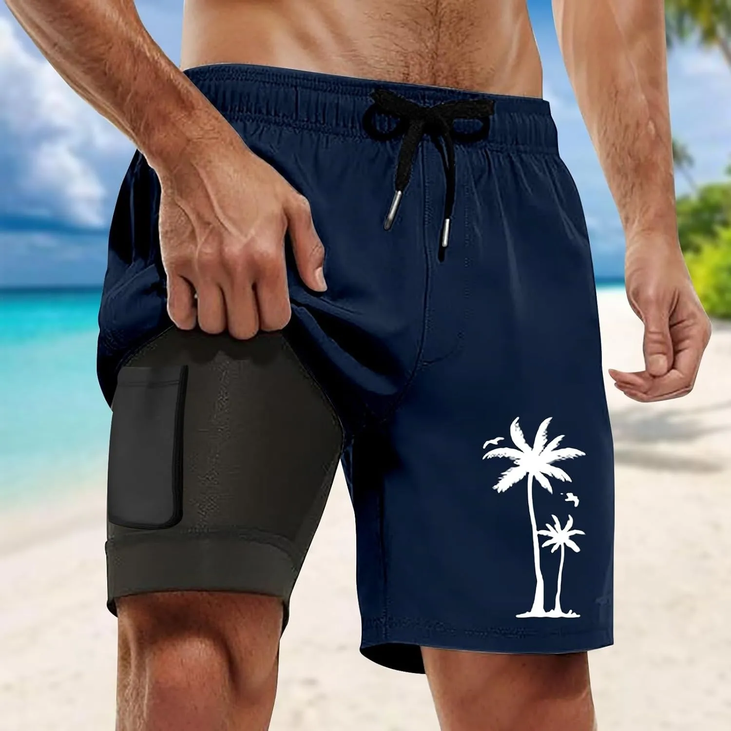 Mens Swim Trunks Quick Dry Bathing Suit with Compression Liner 5.5" Inseam Coconut Tree Print Beach Swim Shorts