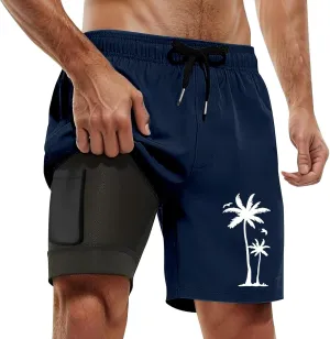Mens Swim Trunks Quick Dry Bathing Suit with Compression Liner 5.5" Inseam Coconut Tree Print Beach Swim Shorts