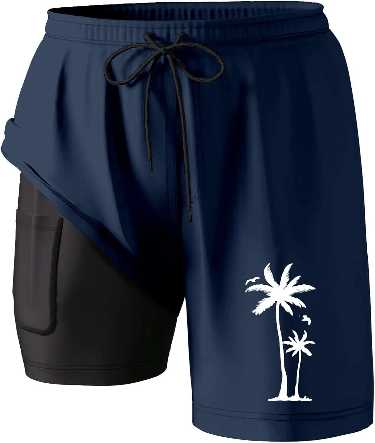 Mens Swim Trunks Quick Dry Bathing Suit with Compression Liner 5.5" Inseam Coconut Tree Print Beach Swim Shorts