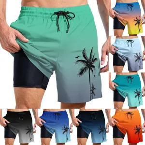 Mens Swim Trunks with Compression Liner Quick Dry Tropical Printed Bathing Suit Summer Beach Swimming Shorts Pockets