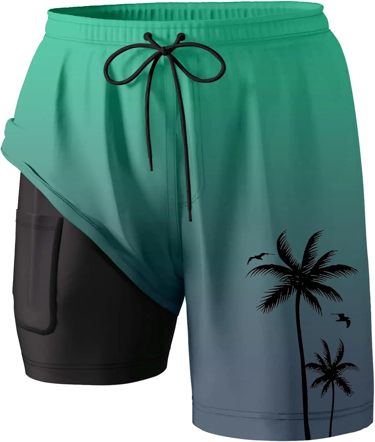 Mens Swim Trunks with Compression Liner Quick Dry Tropical Printed Bathing Suit Summer Beach Swimming Shorts Pockets