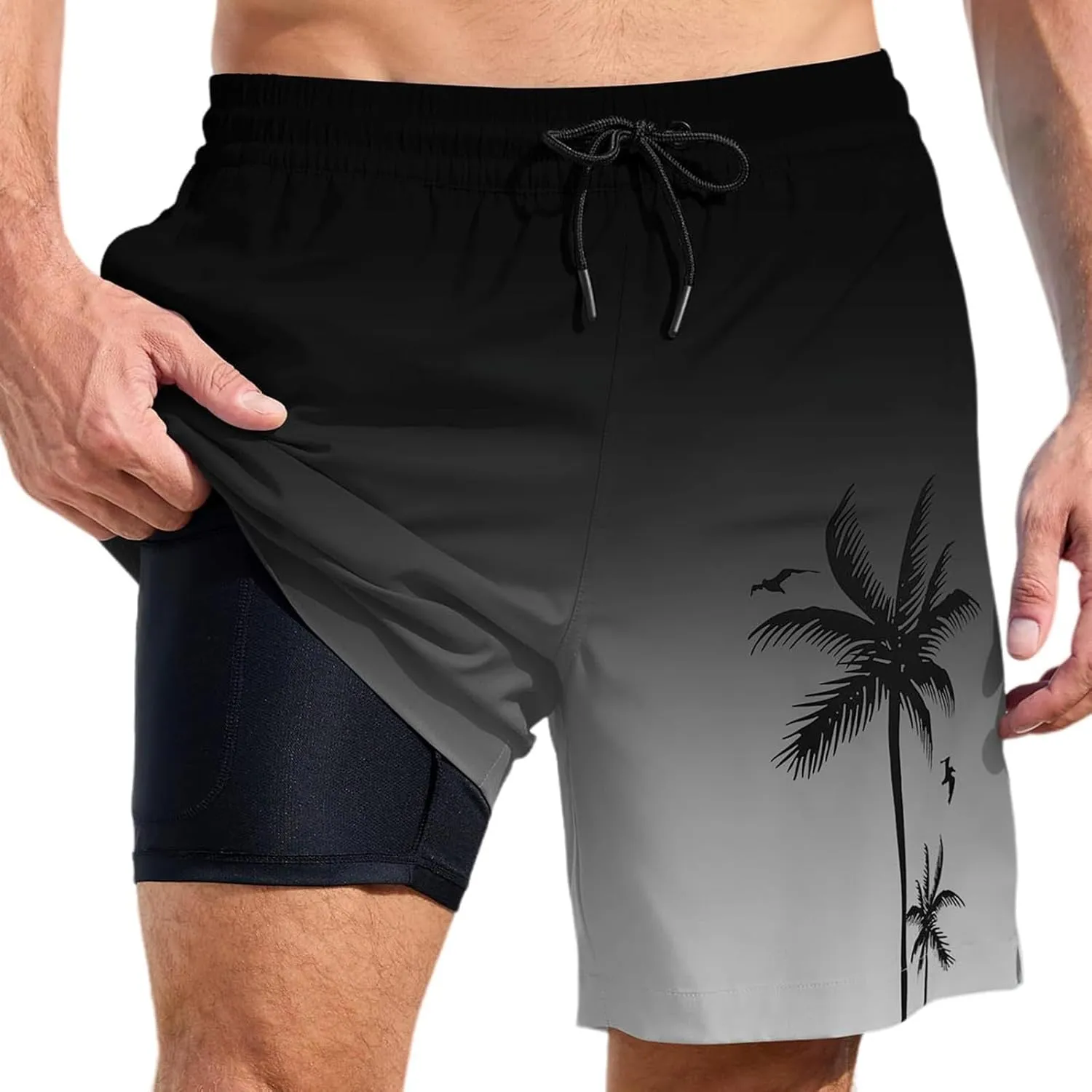 Mens Swim Trunks with Compression Liner Quick Dry Tropical Printed Bathing Suit Summer Beach Swimming Shorts Pockets