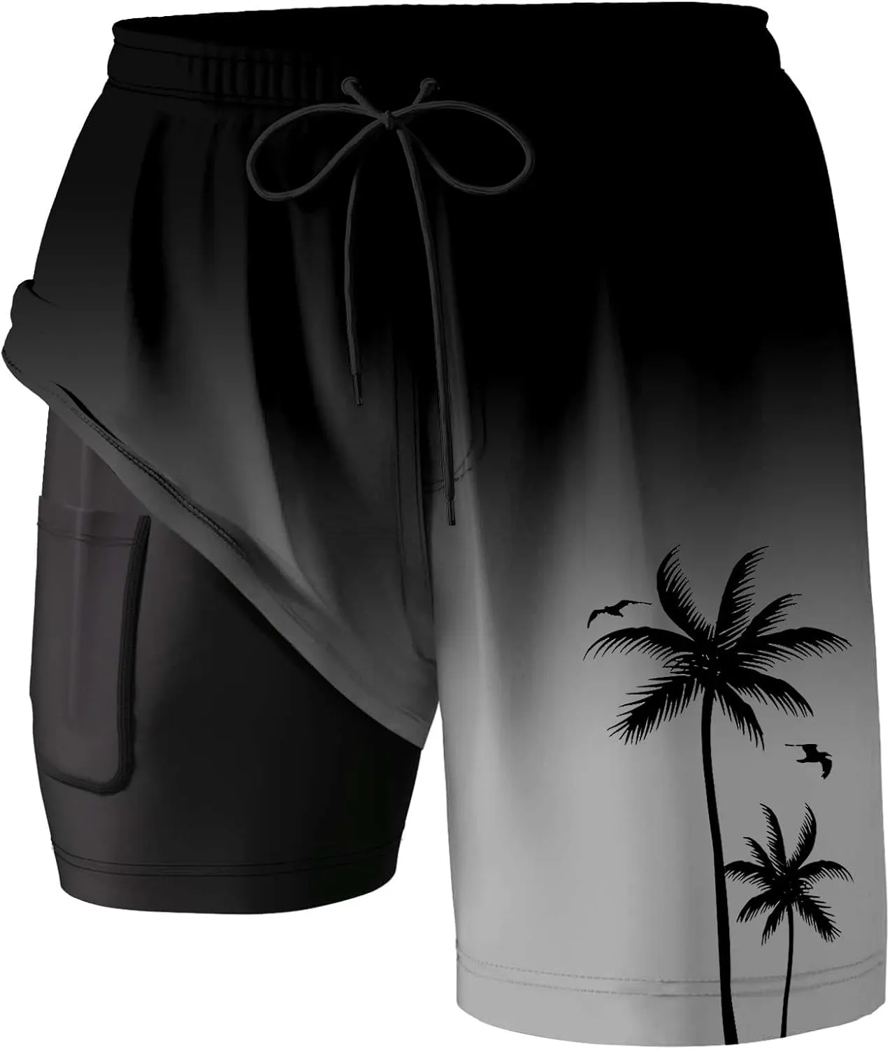 Mens Swim Trunks with Compression Liner Quick Dry Tropical Printed Bathing Suit Summer Beach Swimming Shorts Pockets