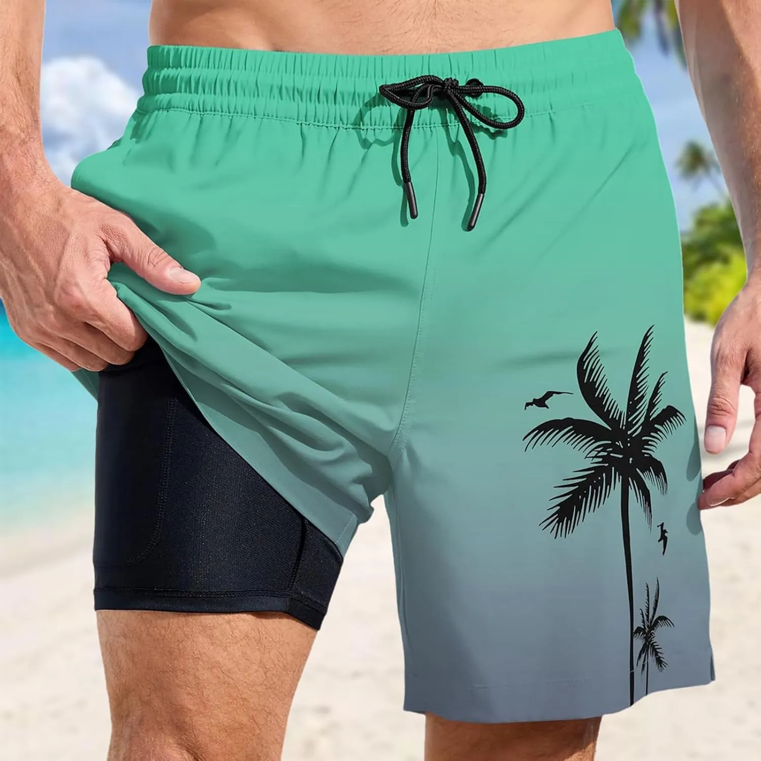 Mens Swim Trunks with Compression Liner Quick Dry Tropical Printed Bathing Suit Summer Beach Swimming Shorts Pockets