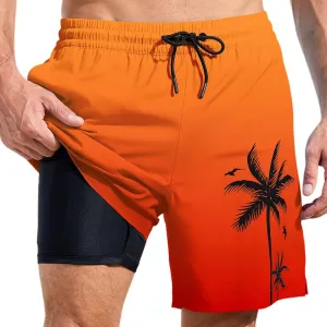 Mens Swim Trunks with Compression Liner Quick Dry Tropical Printed Bathing Suit Summer Beach Swimming Shorts Pockets