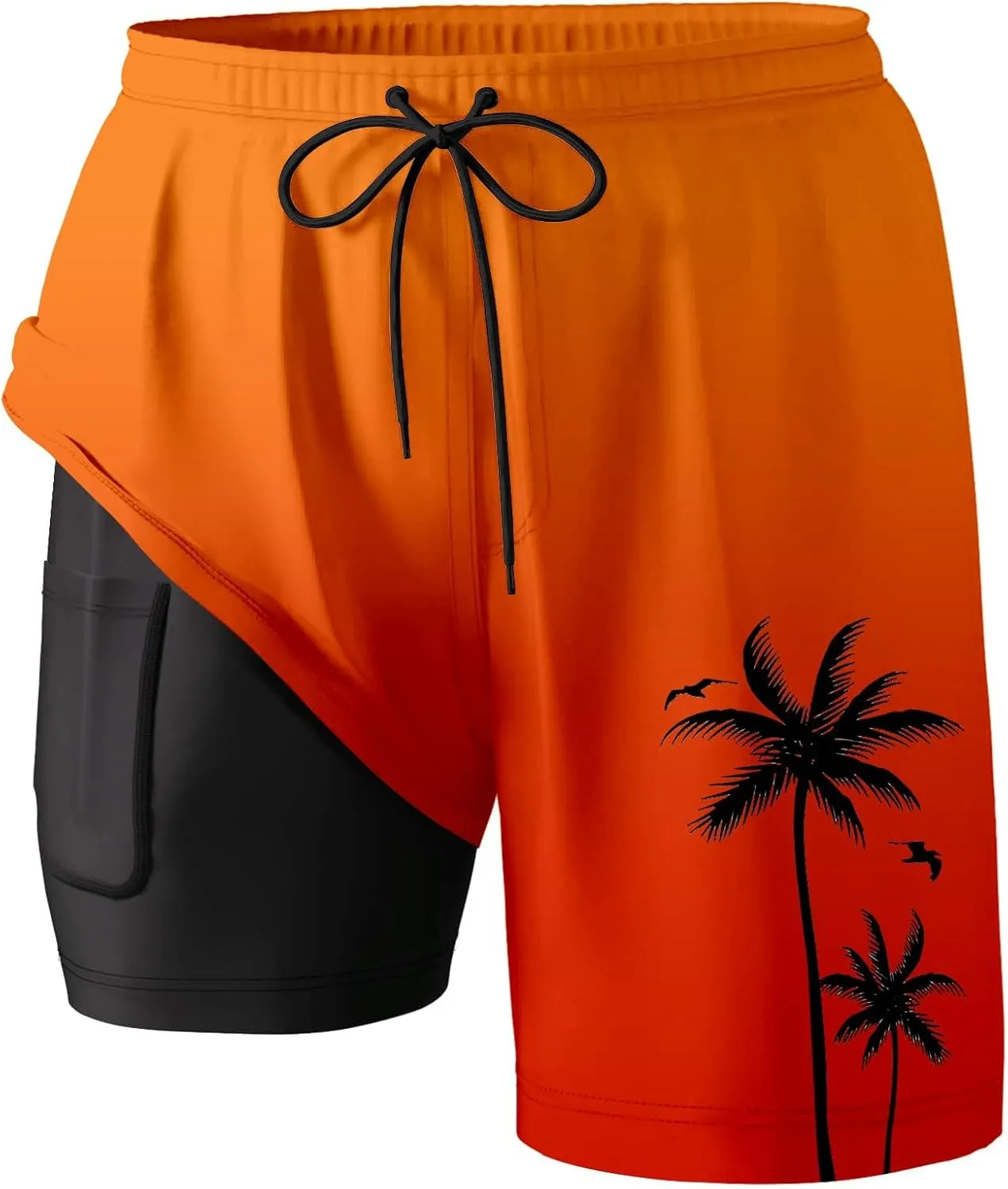 Mens Swim Trunks with Compression Liner Quick Dry Tropical Printed Bathing Suit Summer Beach Swimming Shorts Pockets