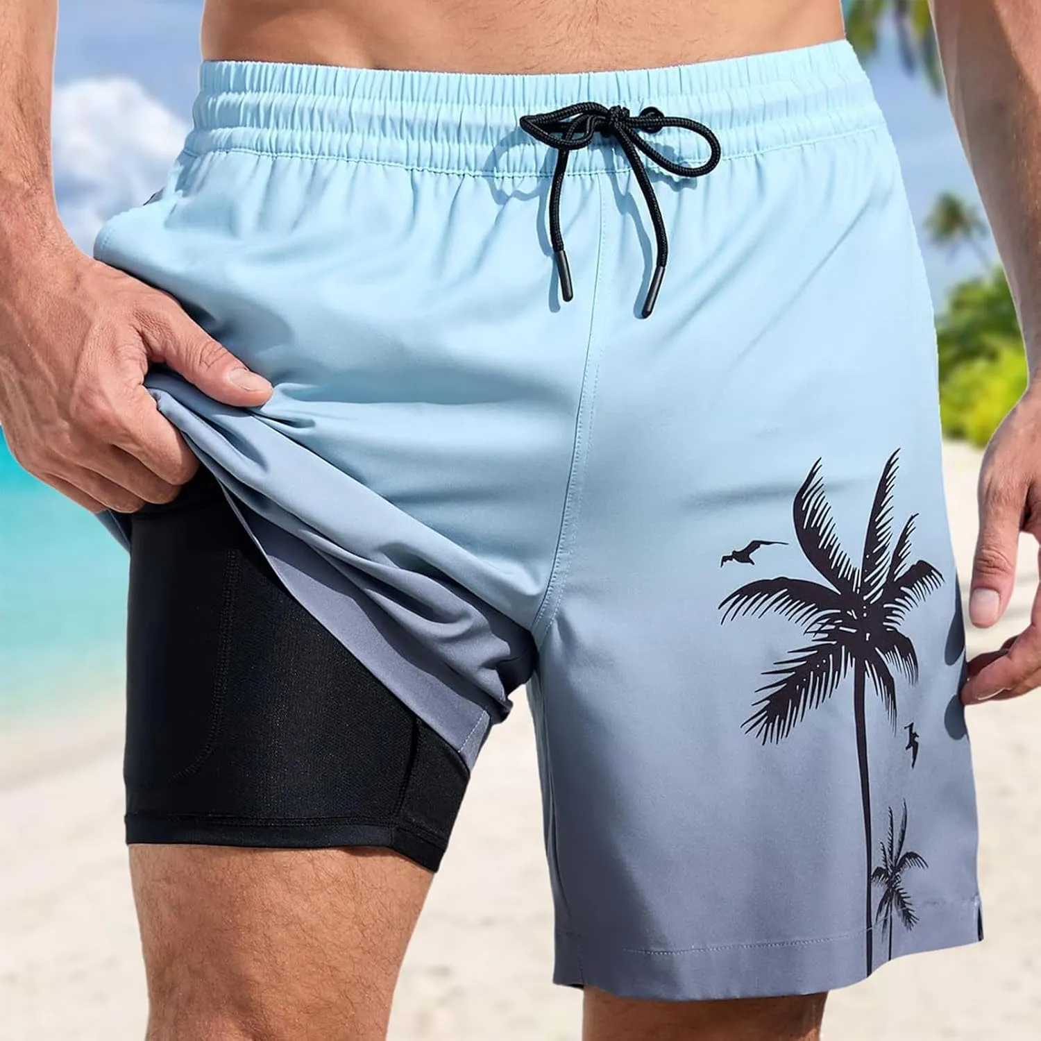 Mens Swim Trunks with Compression Liner Quick Dry Tropical Printed Bathing Suit Summer Beach Swimming Shorts Pockets