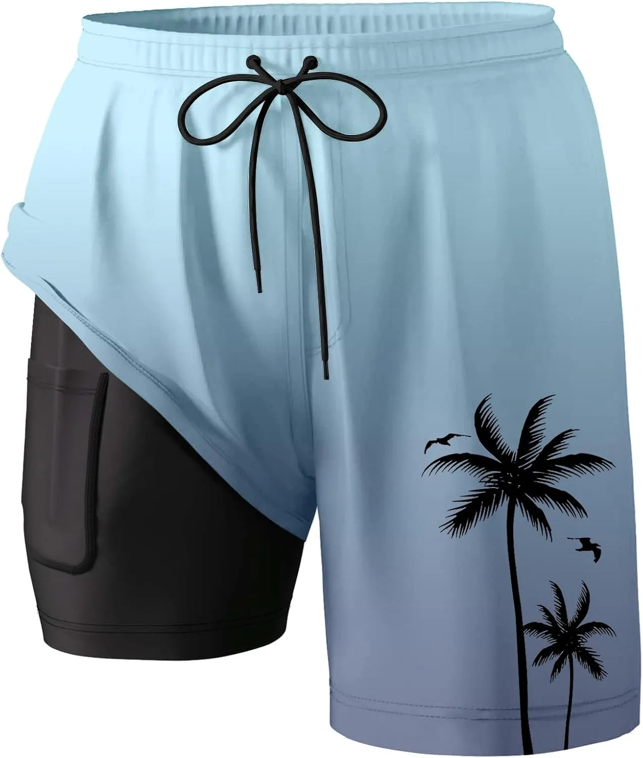 Mens Swim Trunks with Compression Liner Quick Dry Tropical Printed Bathing Suit Summer Beach Swimming Shorts Pockets