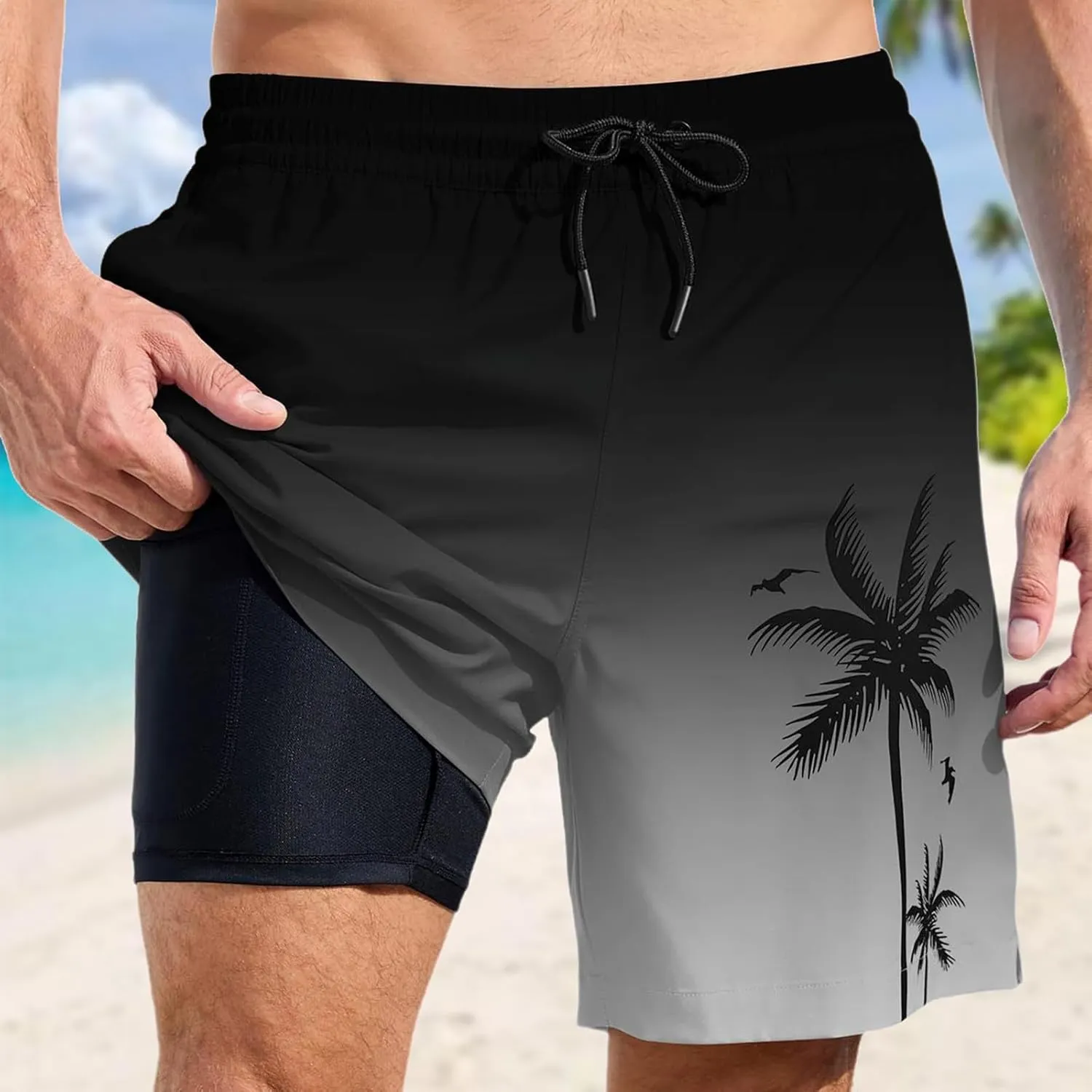 Mens Swim Trunks with Compression Liner Quick Dry Tropical Printed Bathing Suit Summer Beach Swimming Shorts Pockets