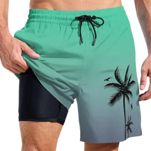 Mens Swim Trunks with Compression Liner Quick Dry Tropical Printed Bathing Suit Summer Beach Swimming Shorts Pockets