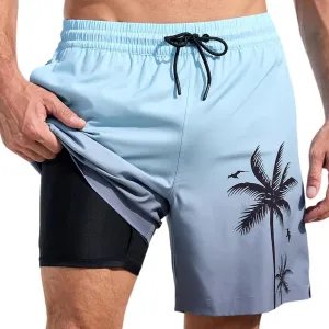 Mens Swim Trunks with Compression Liner Quick Dry Tropical Printed Bathing Suit Summer Beach Swimming Shorts Pockets