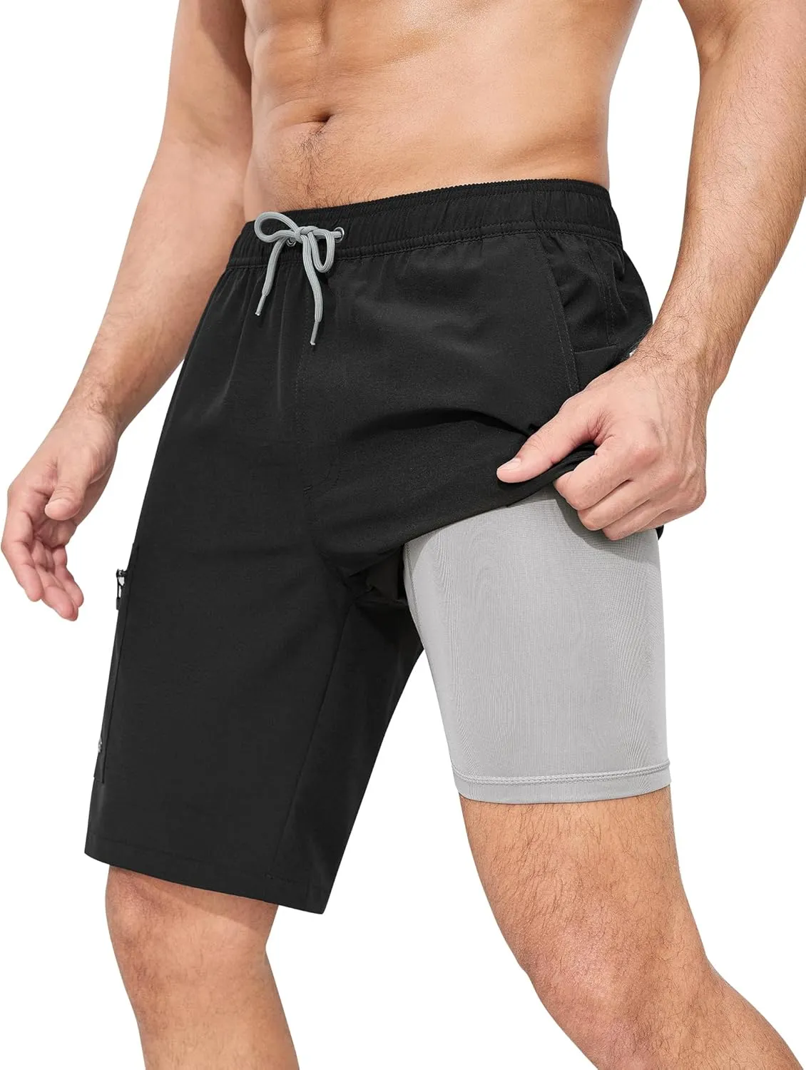 Mens Swim Trunks with Compression Liner Zipper Cargo Pockets Bathing Suit 9 Inch Quick-Dry Swimming Shorts