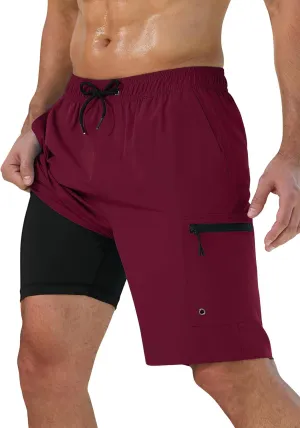 Mens Swim Trunks with Compression Liner Zipper Cargo Pockets Bathing Suit 9 Inch Quick-Dry Swimming Shorts