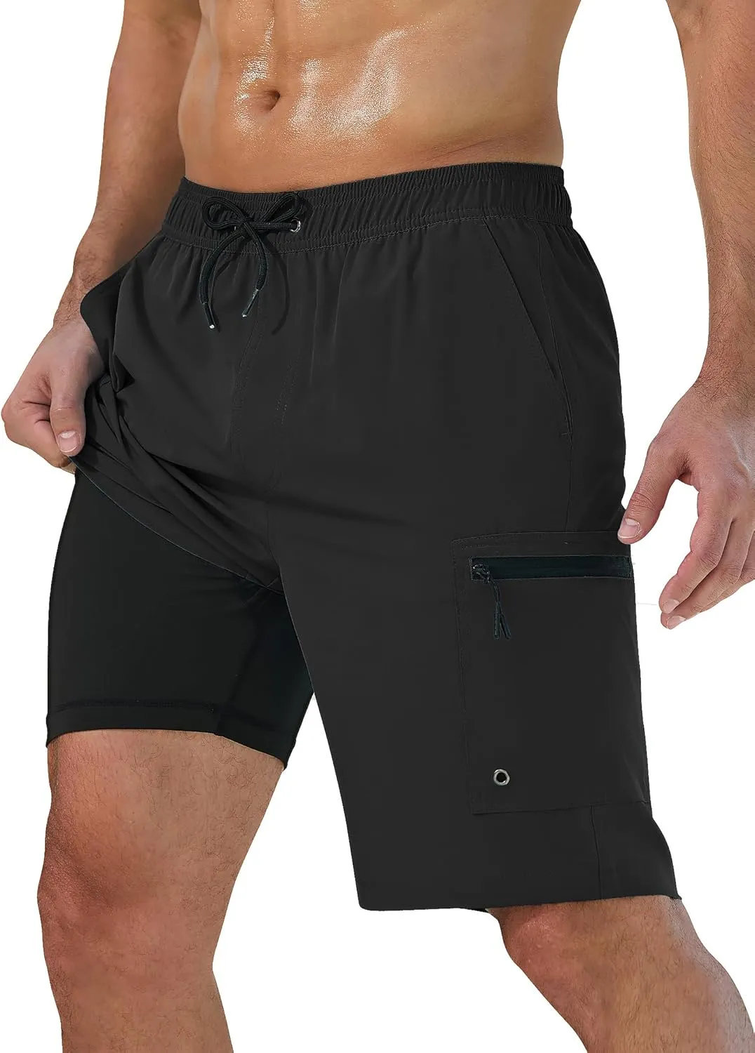 Mens Swim Trunks with Compression Liner Zipper Cargo Pockets Bathing Suit 9 Inch Quick-Dry Swimming Shorts