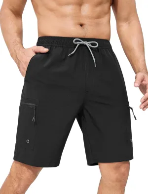 Mens Swim Trunks with Compression Liner Zipper Cargo Pockets Bathing Suit 9 Inch Quick-Dry Swimming Shorts