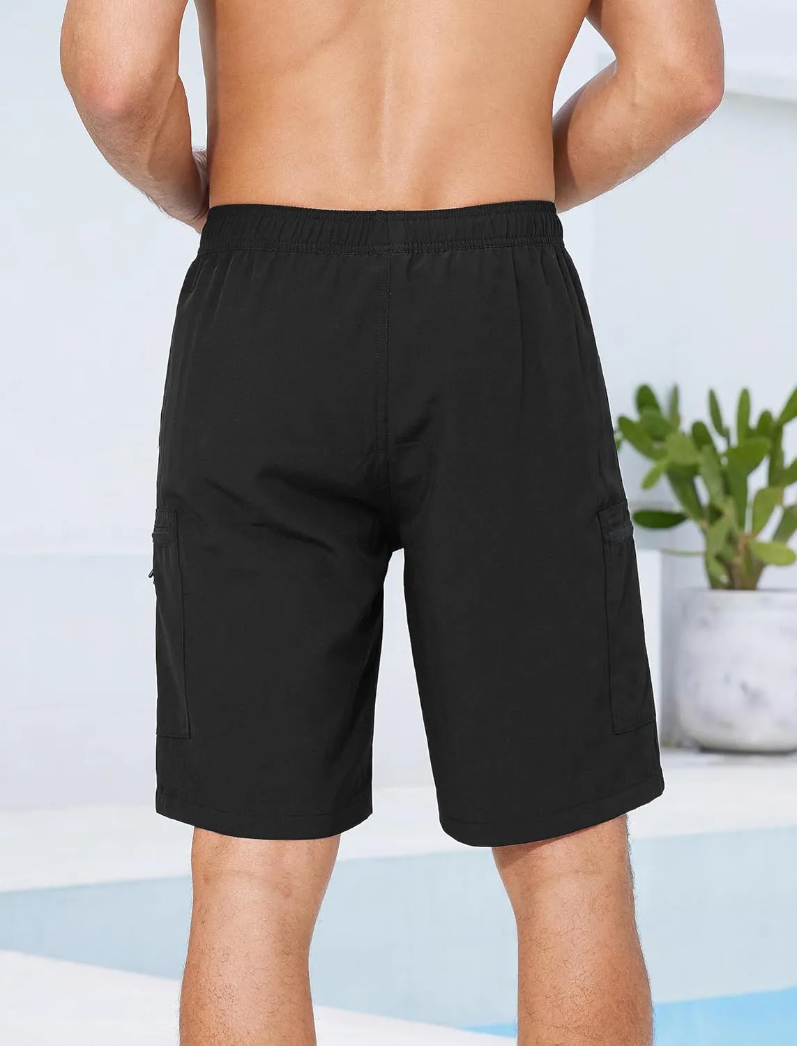 Mens Swim Trunks with Compression Liner Zipper Cargo Pockets Bathing Suit 9 Inch Quick-Dry Swimming Shorts