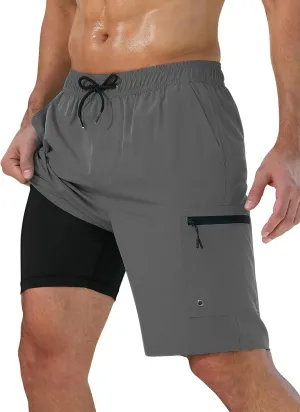 Mens Swim Trunks with Compression Liner Zipper Cargo Pockets Bathing Suit 9 Inch Quick-Dry Swimming Shorts
