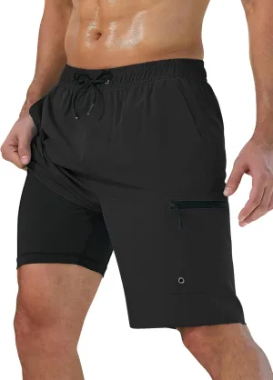 Mens Swim Trunks with Compression Liner Zipper Cargo Pockets Bathing Suit 9 Inch Quick-Dry Swimming Shorts
