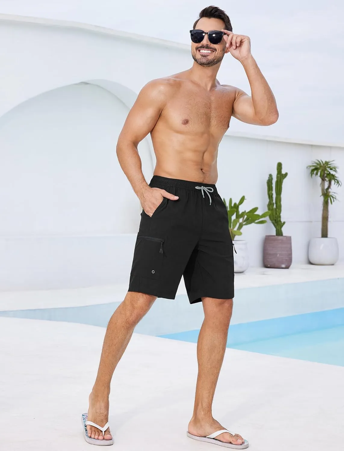 Mens Swim Trunks with Compression Liner Zipper Cargo Pockets Bathing Suit 9 Inch Quick-Dry Swimming Shorts
