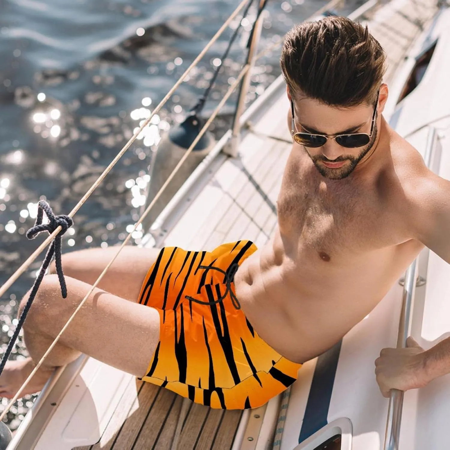 Men's Swimming Shorts with Mesh Lining Beach Shorts Quick Dry Swim Trunks Elastic Swimsuit Leopard Yellow Black