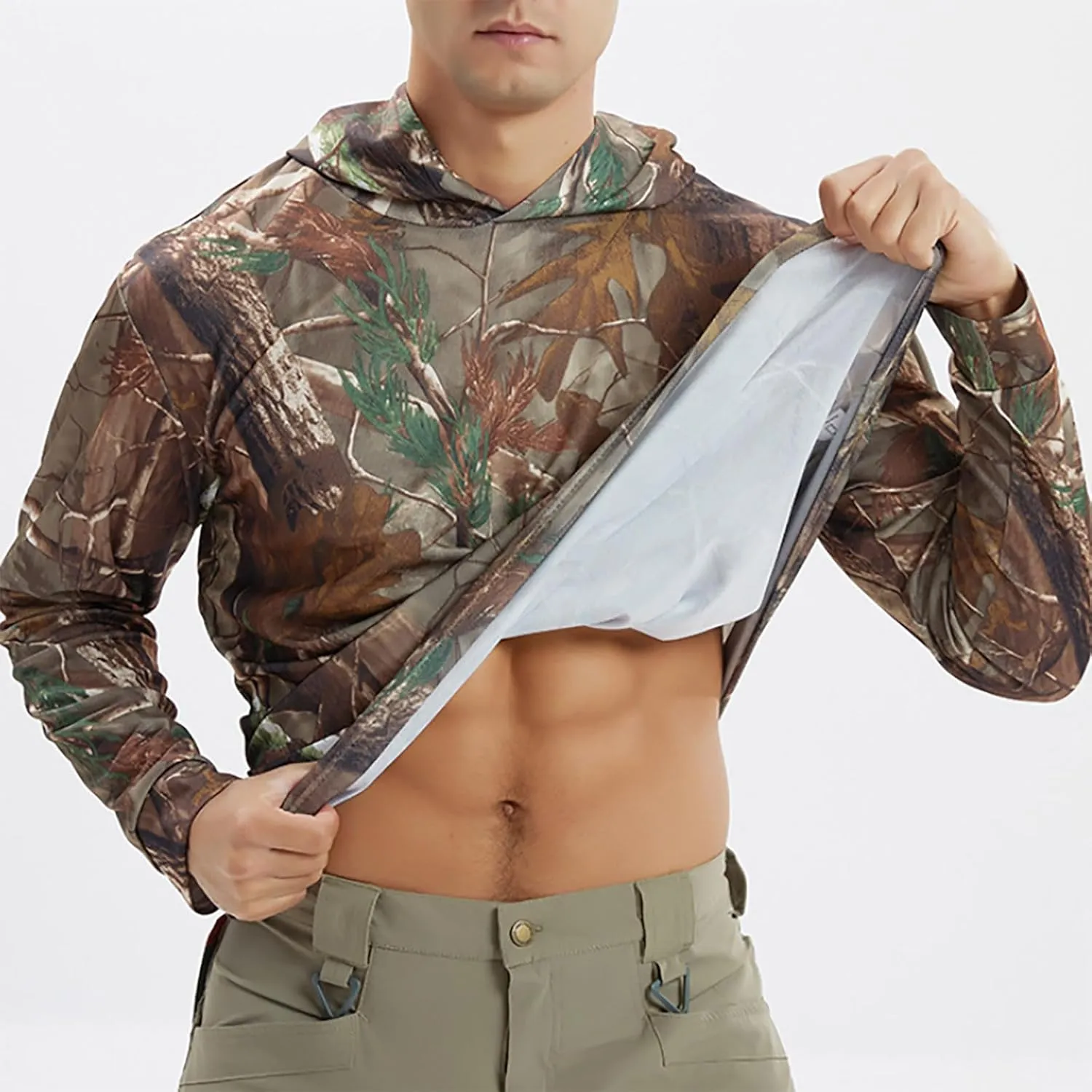 Men's UV Sun Protection Hooded Camo Shirts Long Sleeve Quick-Dry Outdoor T-Shirt UPF 50  Rash Guards Cooling Hoodies