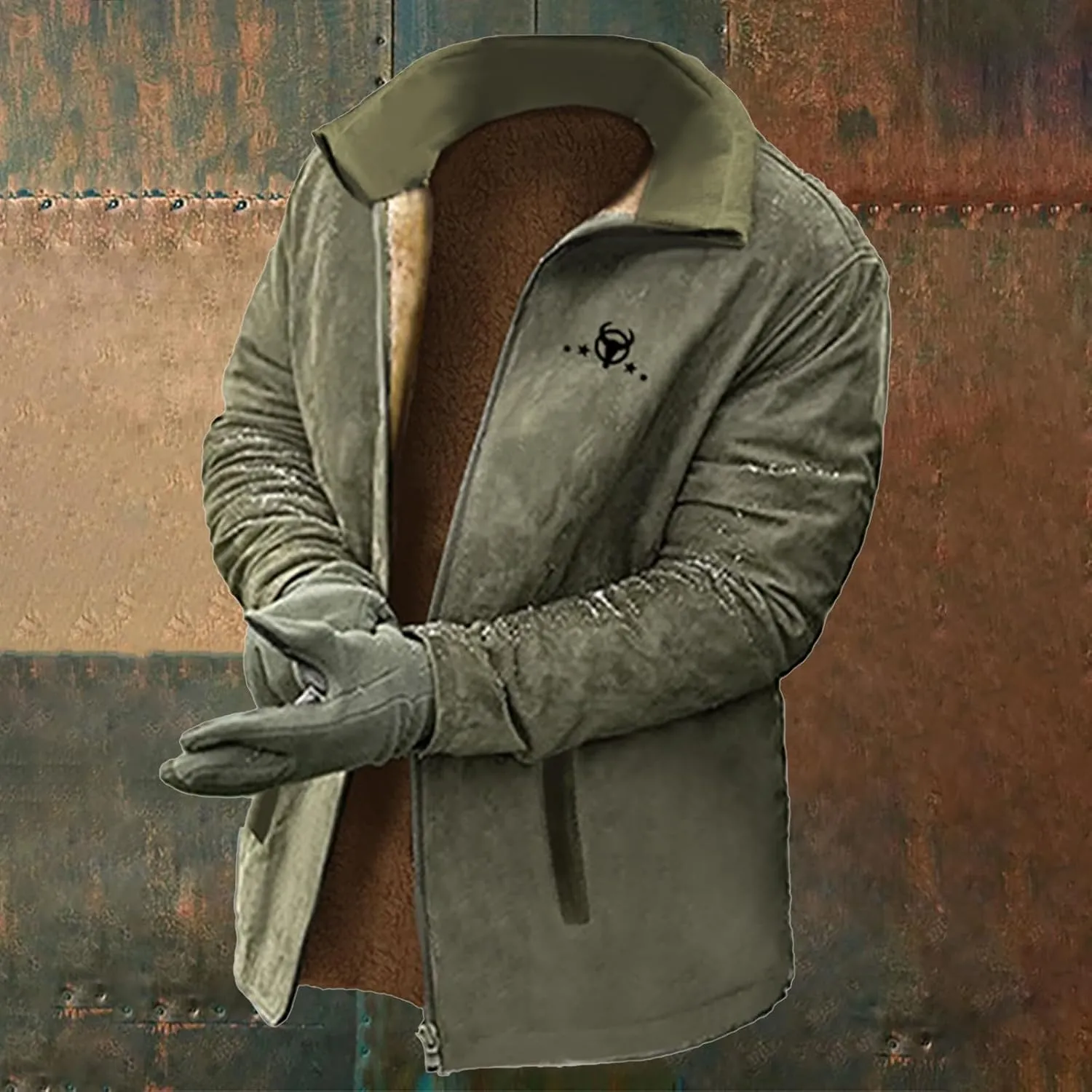Mens Vintage Suede Jacket Plush Collar Coats Faux Leather Warm Jacket Men Zip Up Motorcycle Jacket Coats Retro Tops