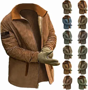 Mens Vintage Suede Jacket Plush Collar Coats Faux Leather Warm Jacket Men Zip Up Motorcycle Jacket Coats Retro Tops