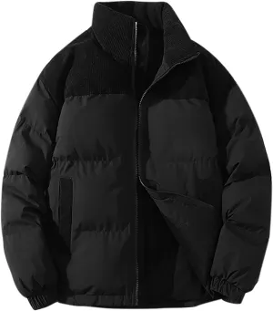 Mens Winter Bomber Jacket Warm Plus Size Puffer Jacket Corduroy Patchwork Coat Windproof Zipper Outwear Down Jacket