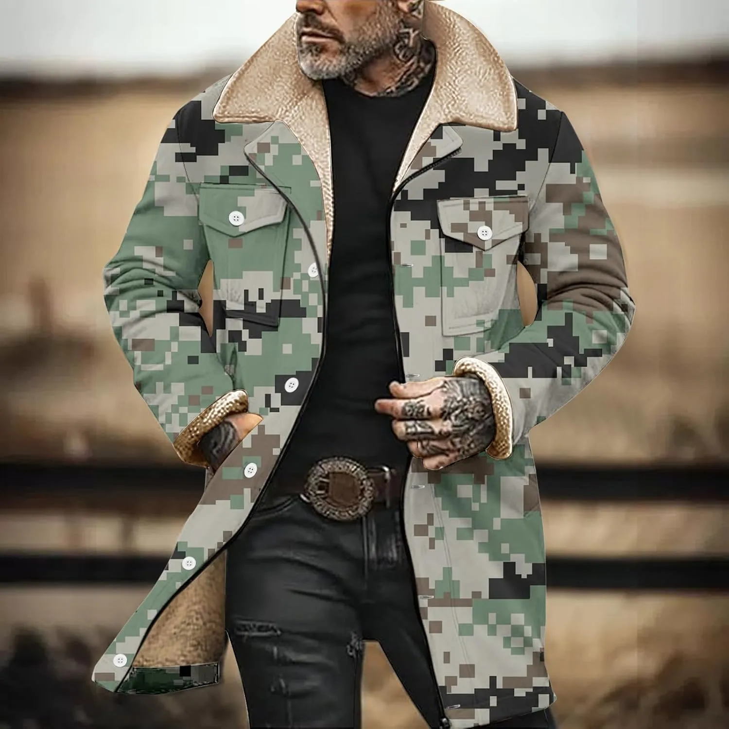 Mens Winter Maxi Coats Sherpa Fleece Lined Camo Print Thick Jackets Lapel Collar Zipper Up Outwear with Multi Pockets