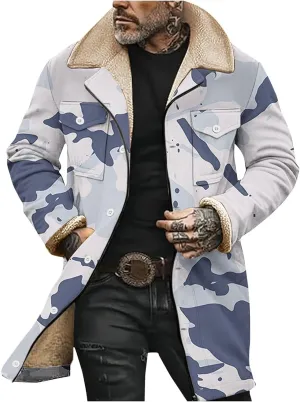 Mens Winter Maxi Coats Sherpa Fleece Lined Camo Print Thick Jackets Lapel Collar Zipper Up Outwear with Multi Pockets