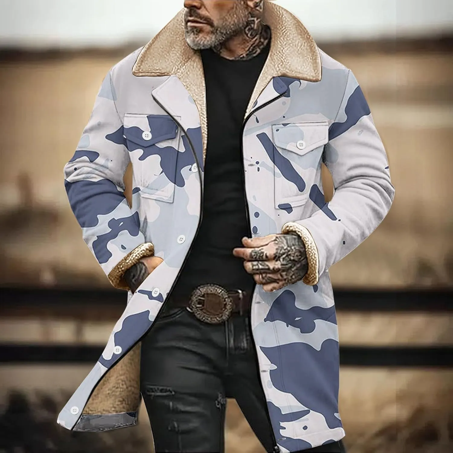 Mens Winter Maxi Coats Sherpa Fleece Lined Camo Print Thick Jackets Lapel Collar Zipper Up Outwear with Multi Pockets