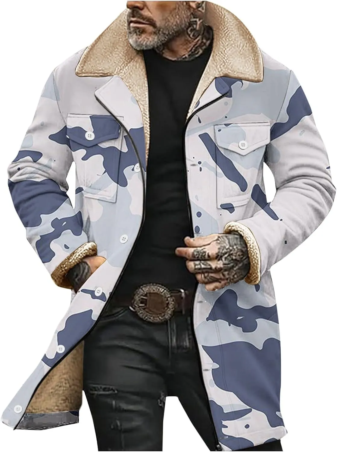 Mens Winter Maxi Coats Sherpa Fleece Lined Camo Print Thick Jackets Lapel Collar Zipper Up Outwear with Multi Pockets