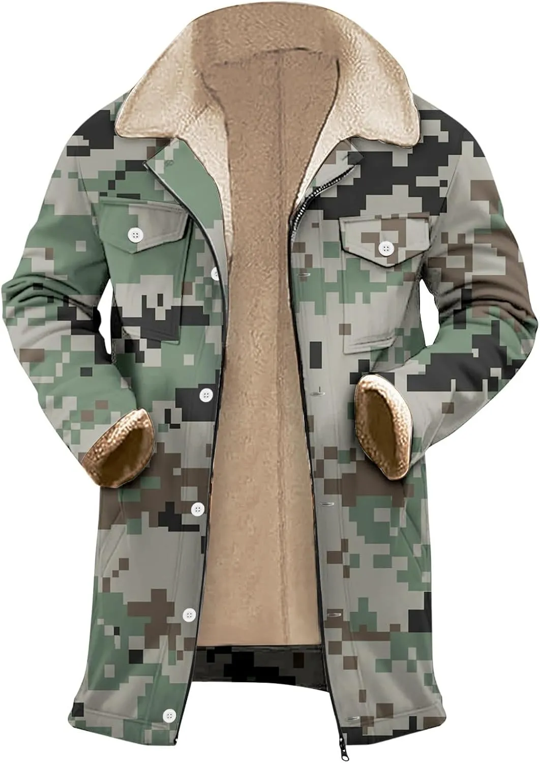 Mens Winter Maxi Coats Sherpa Fleece Lined Camo Print Thick Jackets Lapel Collar Zipper Up Outwear with Multi Pockets