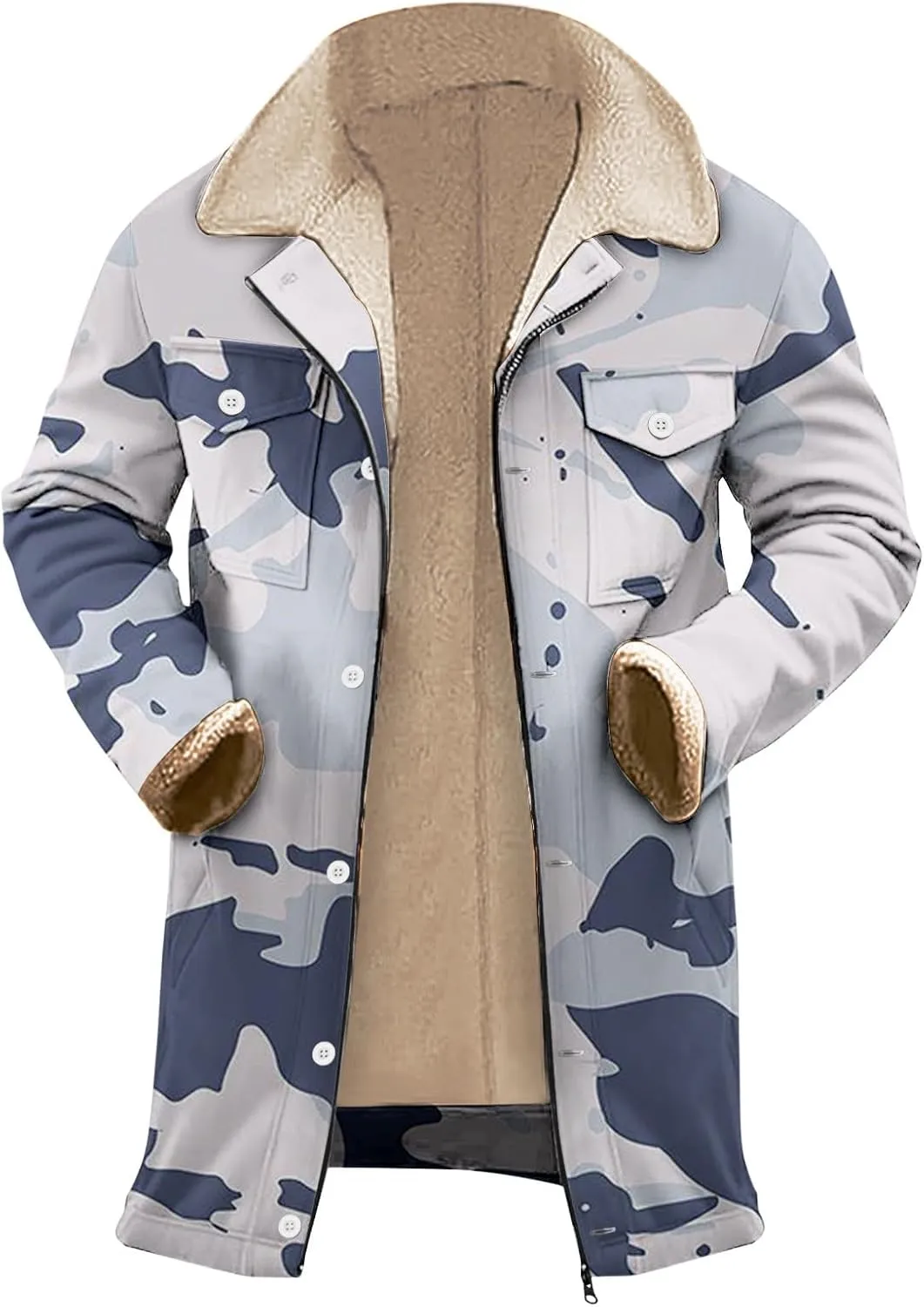 Mens Winter Maxi Coats Sherpa Fleece Lined Camo Print Thick Jackets Lapel Collar Zipper Up Outwear with Multi Pockets