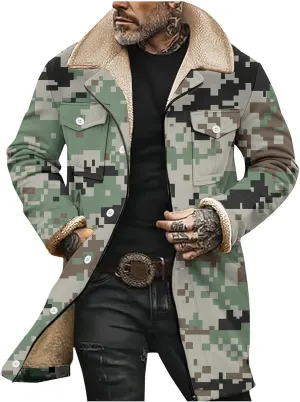 Mens Winter Maxi Coats Sherpa Fleece Lined Camo Print Thick Jackets Lapel Collar Zipper Up Outwear with Multi Pockets