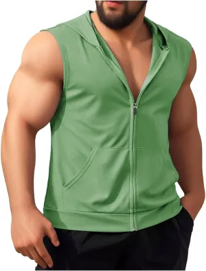 Men's Zip Down Hooded Vest Solid Color Sleeveless Casual Sports Tank Top Kangaroo Pocket Gym Workout Running Quick Dry Shirt