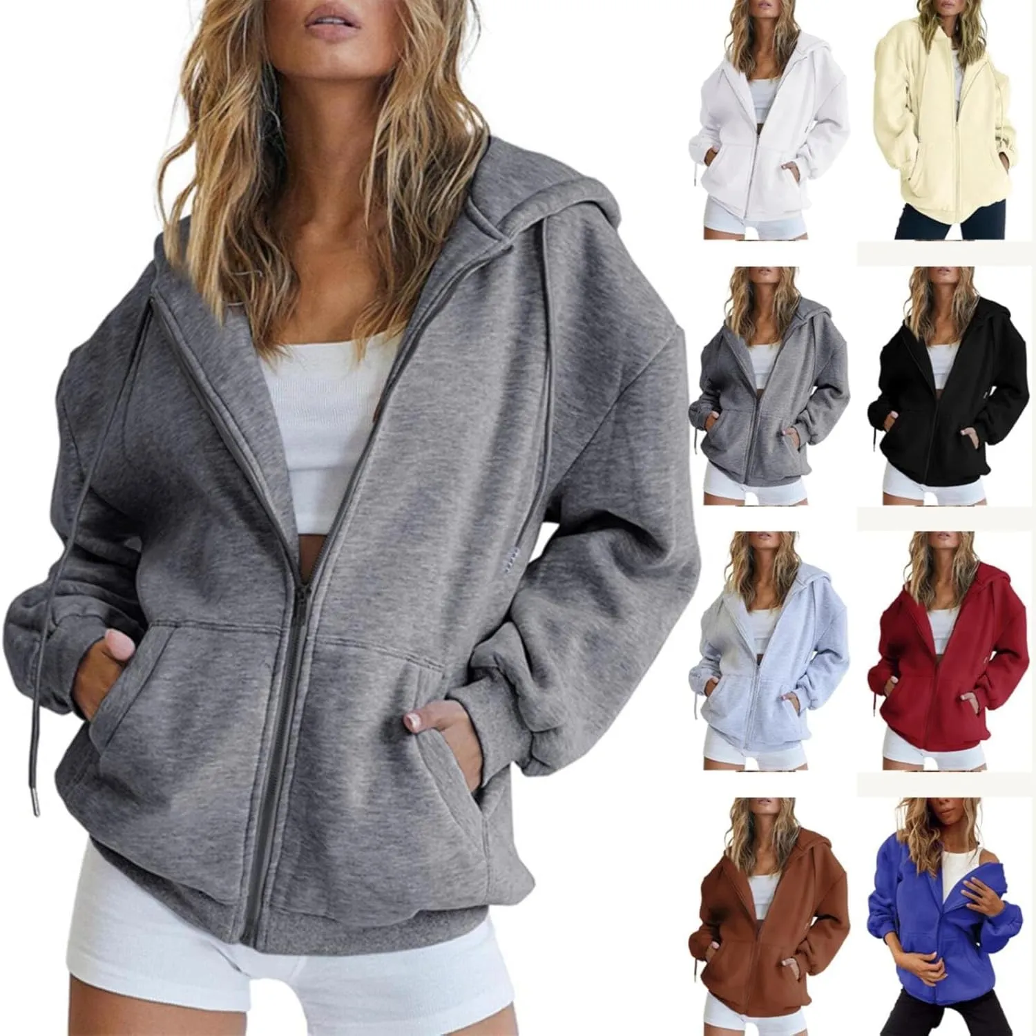 Miyaomn Fall Casual Hooded Jacket for Women Drawstring Full Zip Long Sleeve Sweatshirt Plus Size Solid Loose Tops with Pocket