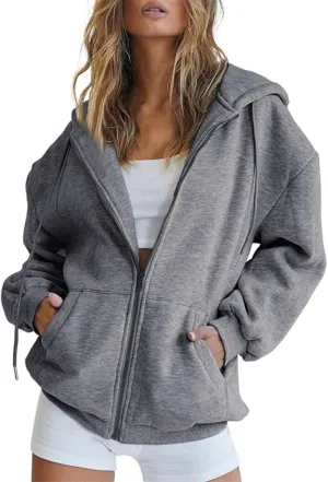 Miyaomn Fall Casual Hooded Jacket for Women Drawstring Full Zip Long Sleeve Sweatshirt Plus Size Solid Loose Tops with Pocket