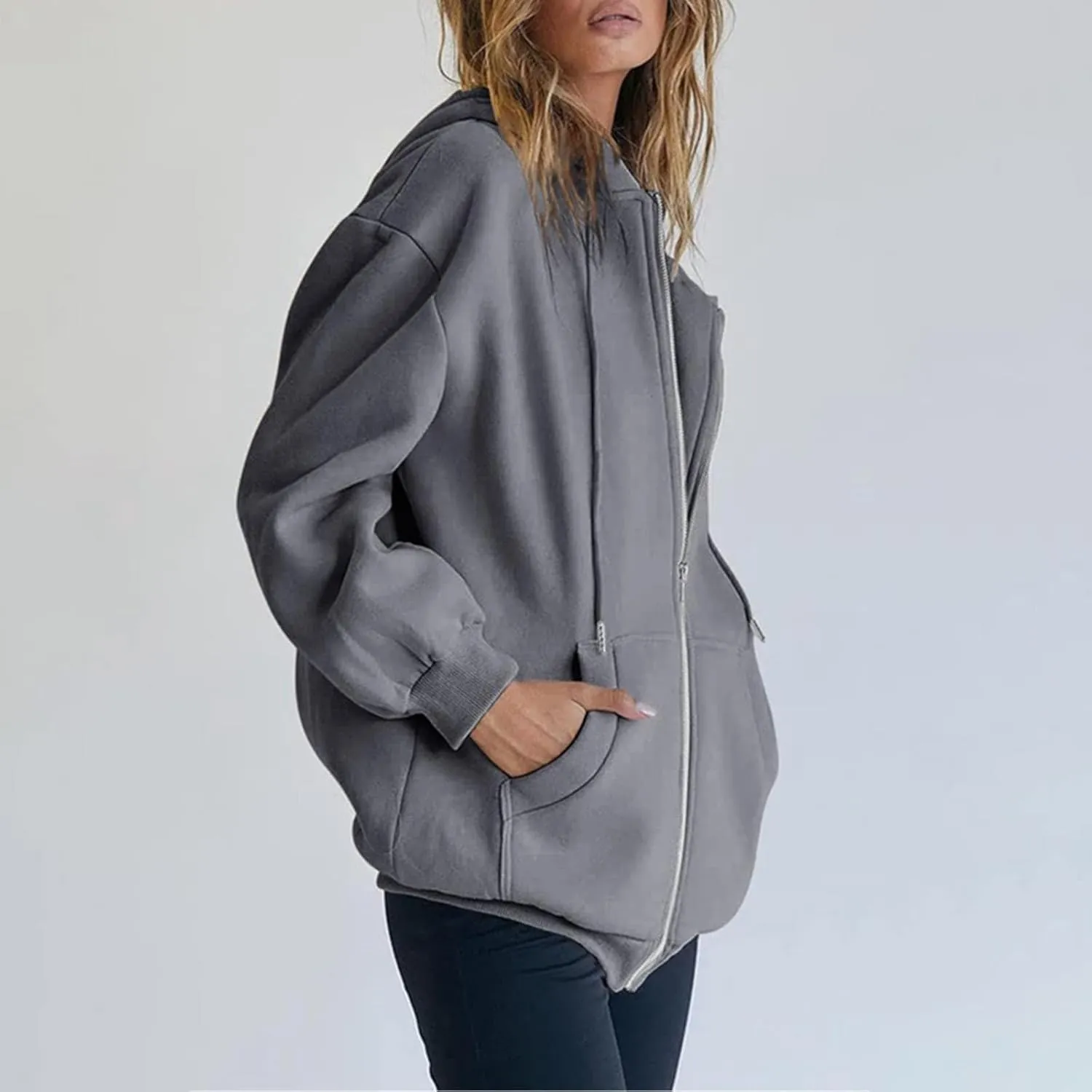 Miyaomn Fall Casual Hooded Jacket for Women Drawstring Full Zip Long Sleeve Sweatshirt Plus Size Solid Loose Tops with Pocket